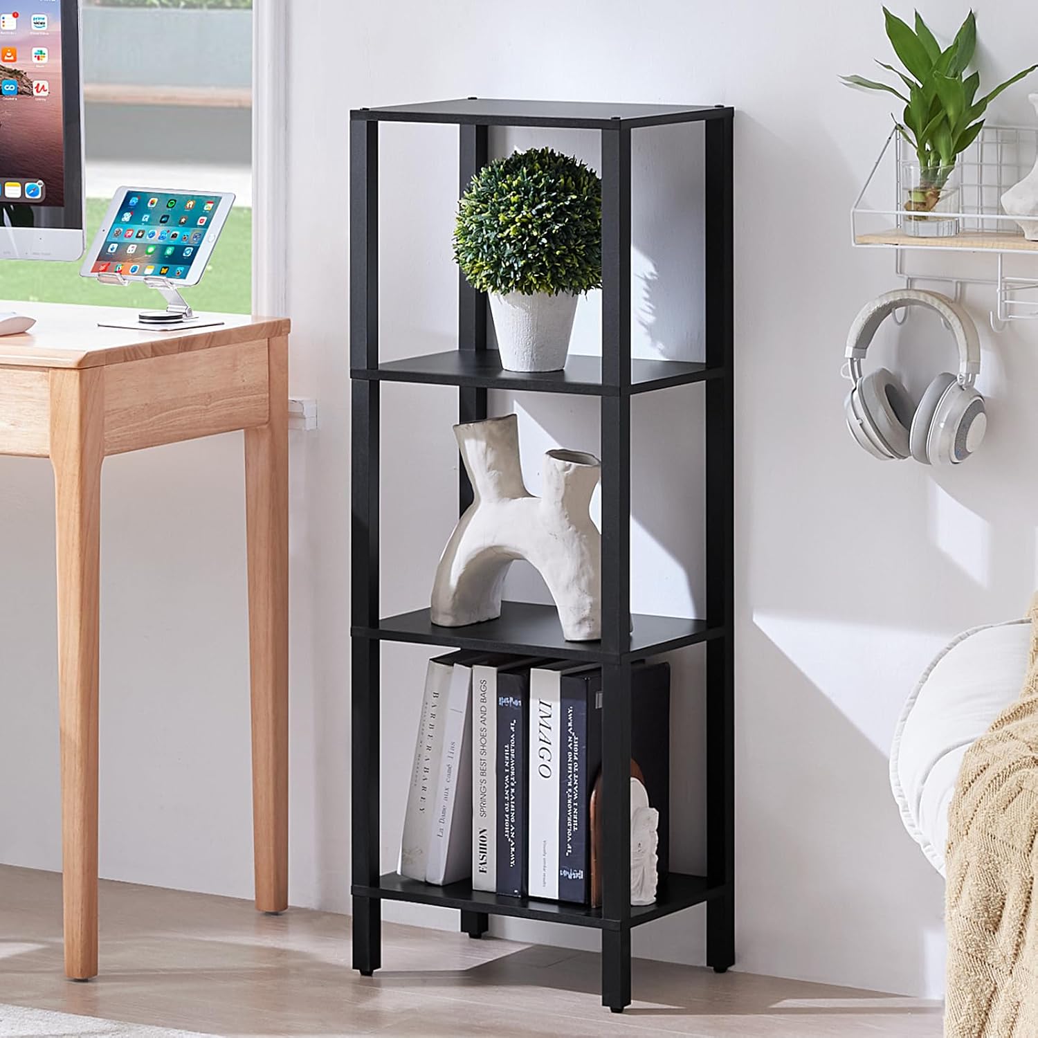 4 Tier Tall Wooden Bookshelf with Storage - Small Bookcase for Small Spaces, Small Shelf for Living Room, Office, Bedroom, Kitchen - Industrial Modern Black Book Shelf - Image 3