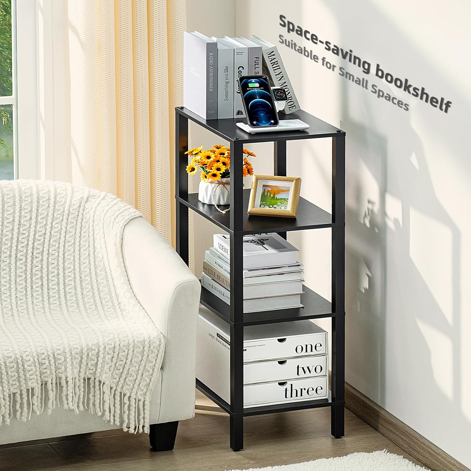 4 Tier Tall Wooden Bookshelf with Storage - Small Bookcase for Small Spaces, Small Shelf for Living Room, Office, Bedroom, Kitchen - Industrial Modern Black Book Shelf - Image 5