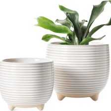 LE TAUCI Ceramic Plant Pots, 5.1 + 6.4 Inch Footed Pots for Plants, Modern Flower Pots for Home and Office, Indoor Planters with Drainage, Reactive Glaze White